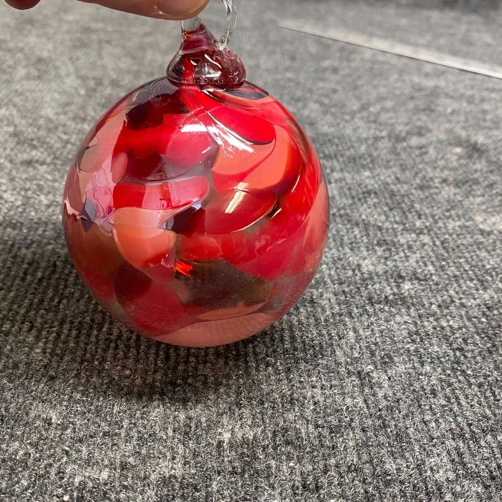 Hand Blown Art Glass Ornament Red Pink Swirl Round Hanging Bauble 3 Inch